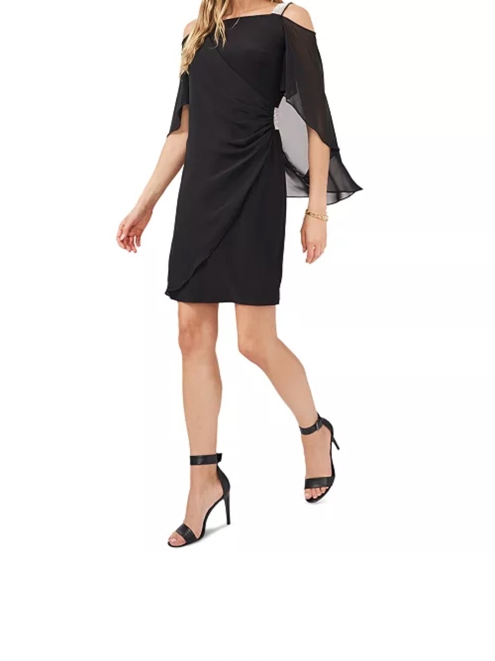MSK Black Midi Dress with Rhinestone Straps and Draped Overlay